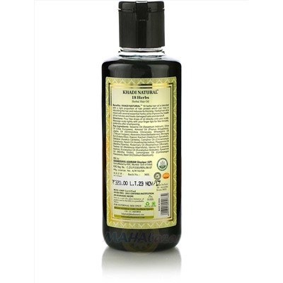 Масло для восстановления волос 18 Трав без парабенов, 210 мл, производитель Кхади; 18 Herbs Herbal Hair Oil Paraben / Mineral Oil Free, 210 ml, Khadi